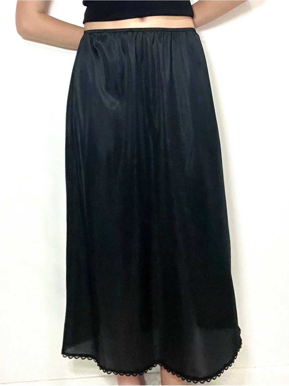 Vintage Black Satin Midi Slip Skirt - Elegant Women’s Skirt
